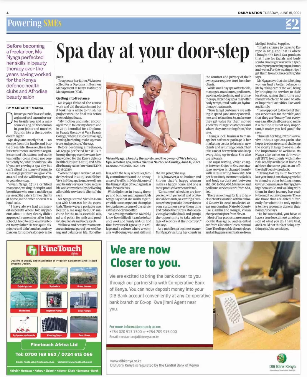 Newspaper feature; A spa day at your doorstep - Viv's in-Houz Spa Nairobi