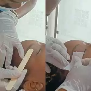 A collage showing sugar wax application on the eyebrows and sticking of the waxing strip in anticipation of hair removal - Viv's in-Houz spa, Nairobi