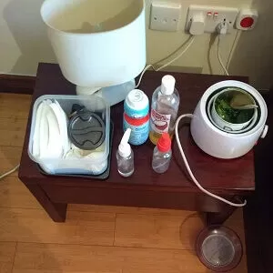A mobile waxing service station set up by Viv's in-Houz spa waxing professional in a client's home in Nairobi